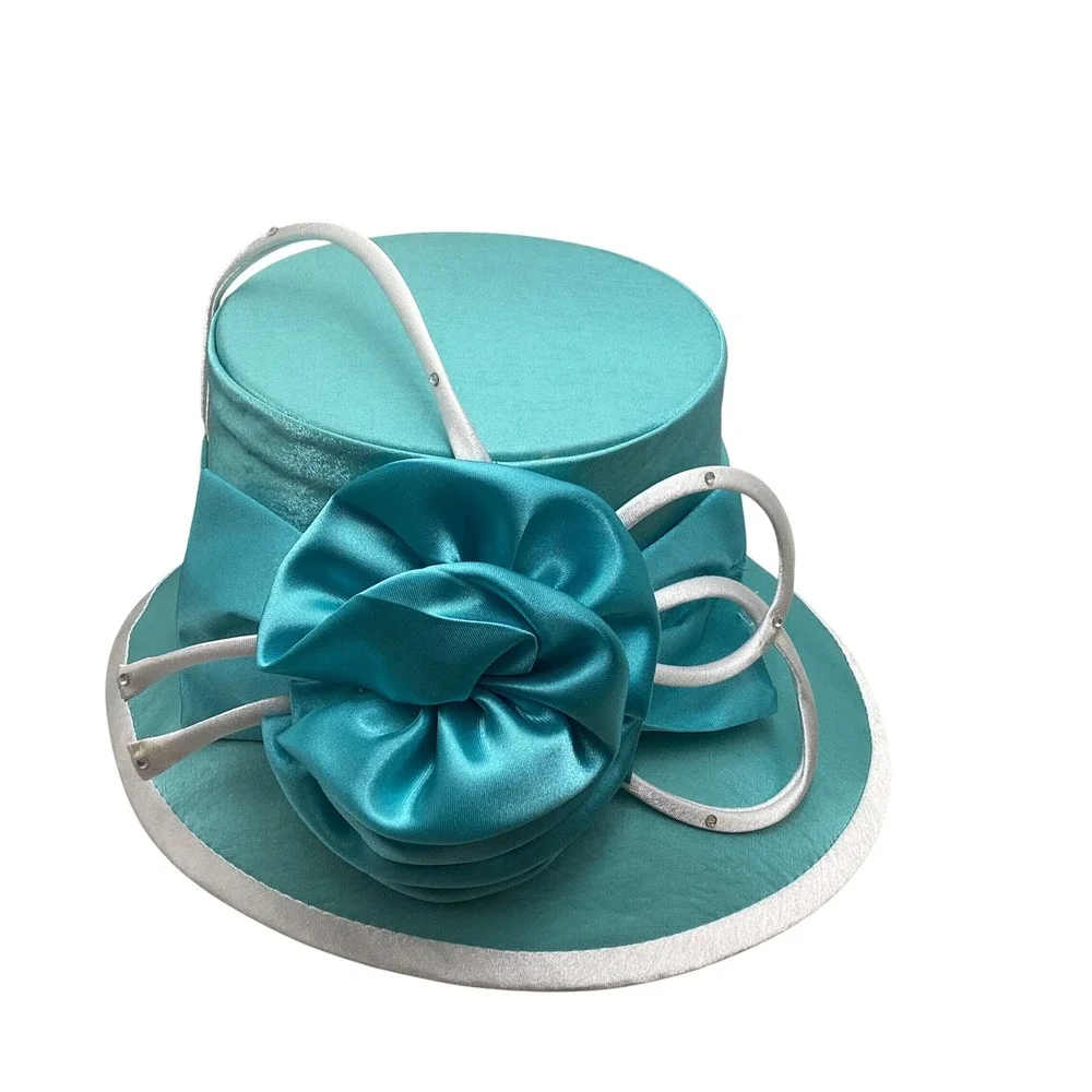 Corinthians Teal Satin Church Hat Rosette Rhinestone Derby Wedding